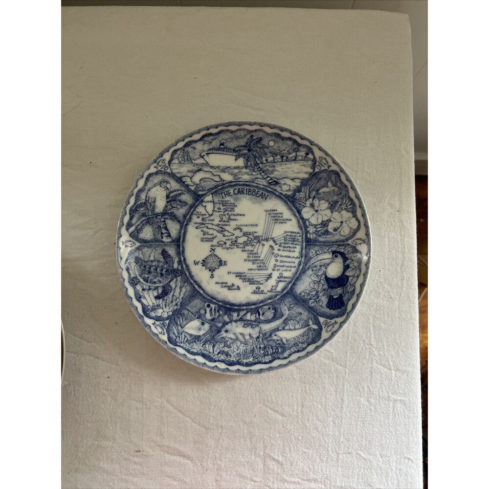 Porcelain Blue & White Plate Map of The Caribbean Islands Souvenir Plate 9.5”
